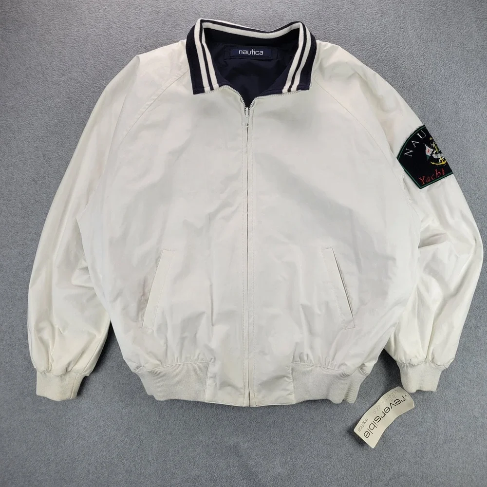 Nautica Yacht Club Reversible Bomber Jacket Mens L White Navy Blue Vintage NWT‎